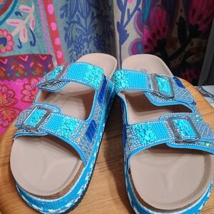 Turquoise Beaded Double Buckle Slide Sandals